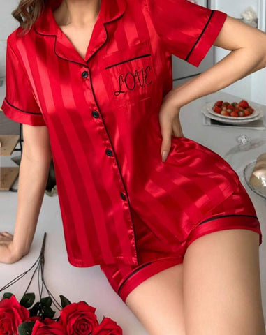 Red  striped satin pajama short set