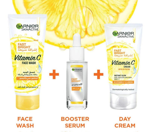 Garnier Fast Bright Vitamin C Glow Routine (Contains Face Wash + Serum 30Ml + Day Cream 100Ml)